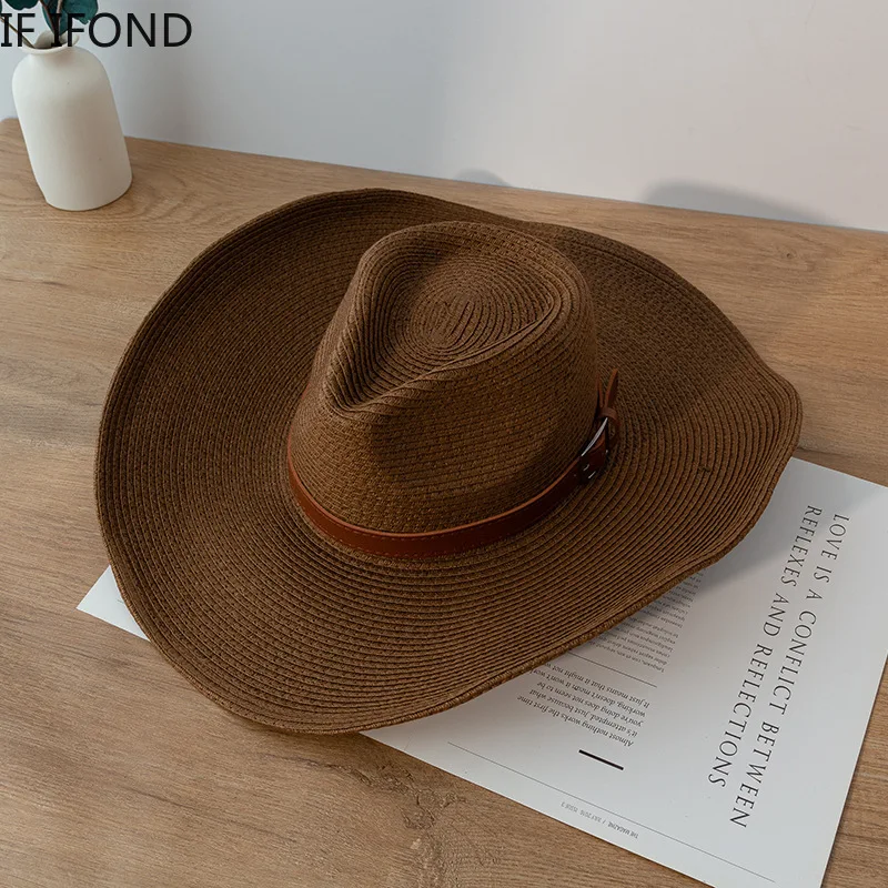 New Design Natural Paper Western Cowboy Hat 13CM Big Wide Brim Women Men Summer Beach Straw Hats Panama Cowgirl Jazz Sun Caps