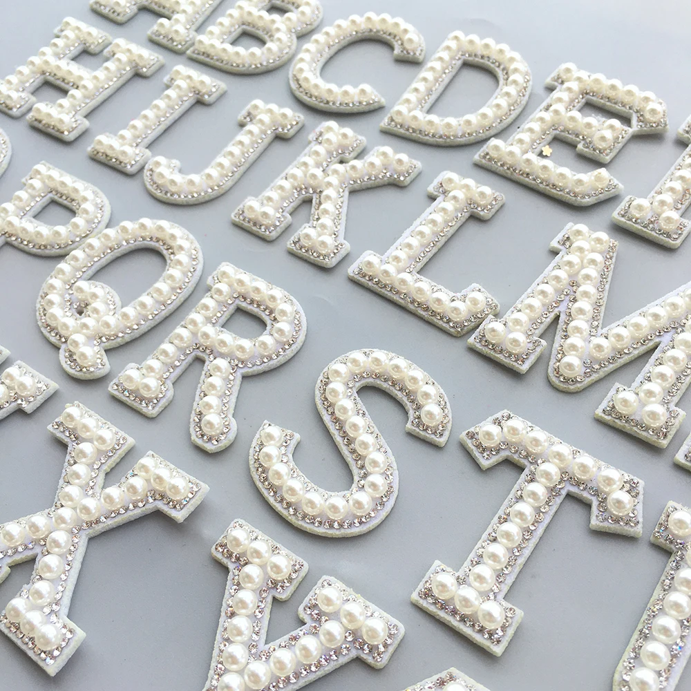 26Pcs 3D White Bottom Pearl Letter Patches English Alphabet Rhinestone  Applique for Clothes Iron on Stripe Badge DIY Name