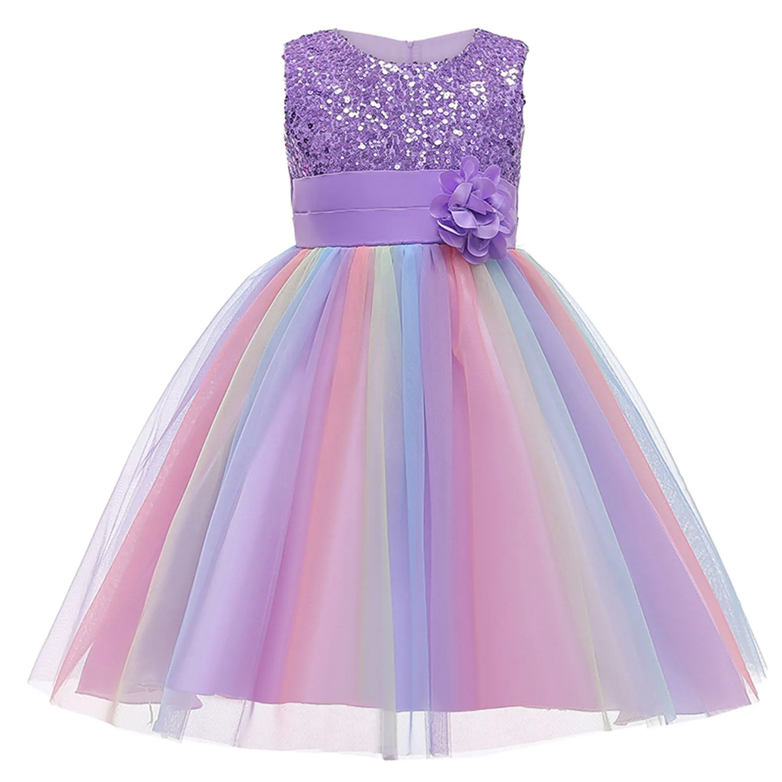 Toddler Baby Girls Formal Dresses Flower Sequins Round Neck Rainbow Mesh Tutu Princess Dress Wedding Party Gown Prom Dress