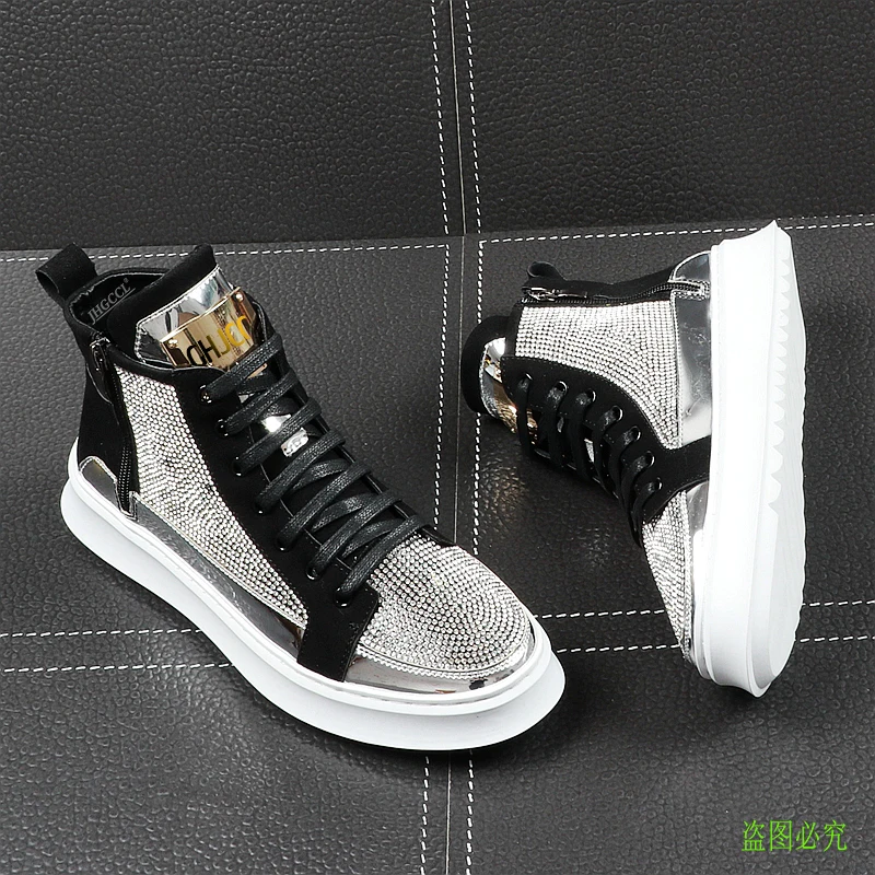 Men\'s casual shoes High top shoe male rhinestone individual character tide shoe youth thick sole high top plank plank luxurious