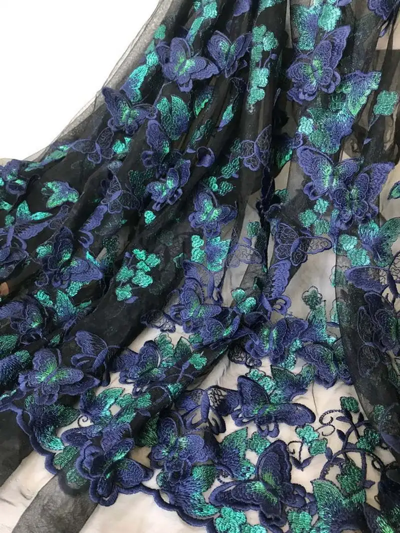 1 Yard Beautiful 3d butterfly lace fabric, navy blue and green butterfly on black tulle fabric, lace dress or curtains fabric