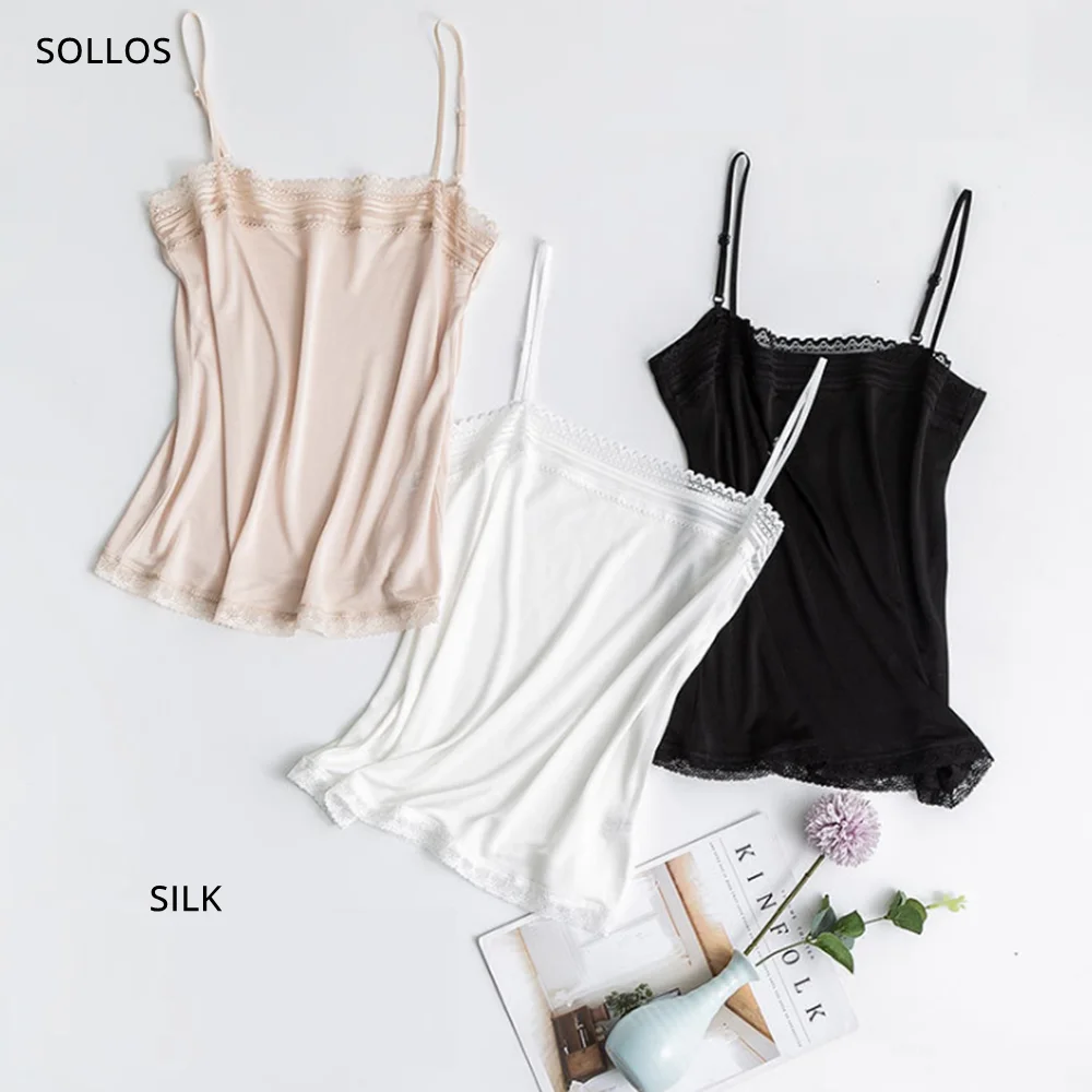 ผ้าไหมซาตินสีขาว Tank Top Dormir Tops ผู้หญิงเซ็กซี่ฤดูร้อน Basic สีดำ Tanktop ชุดชั้นใน Cami Lace Camisole ชุดชั้นใน