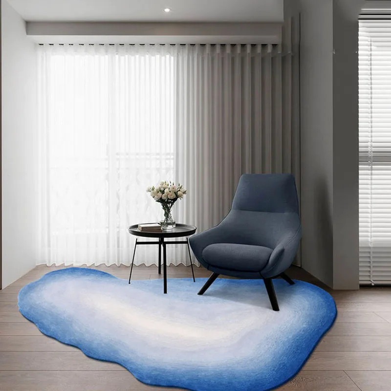 Nordic Ocean Blue Oval Wool Carpet for Living Room Big Size Handmade Thick Rug Irregular Bedroom Dining Table Floor Rug Non-slip