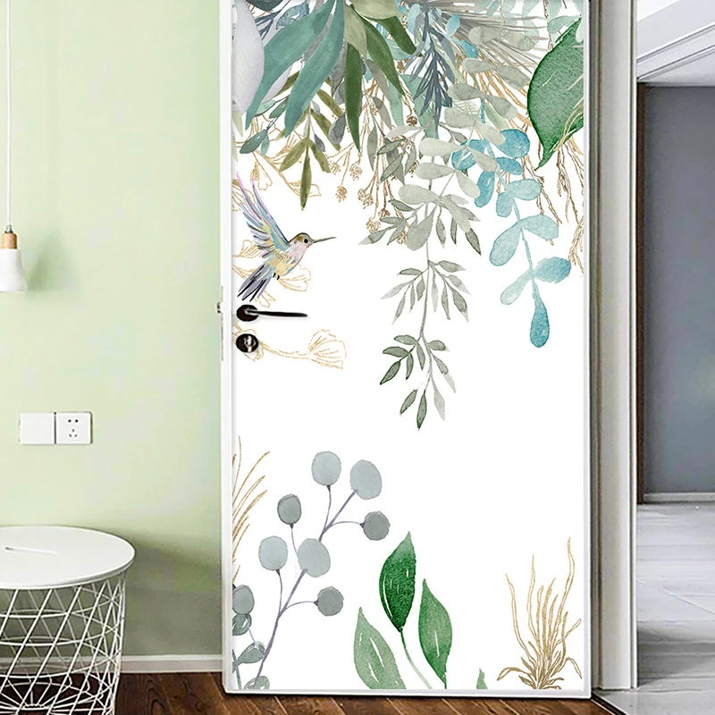 PVC Self-Adhesive Door Sticker Modern 3D Tropical Plant Leaves Flowers And Birds Murals Door Poster Living Room Waterproof Decal