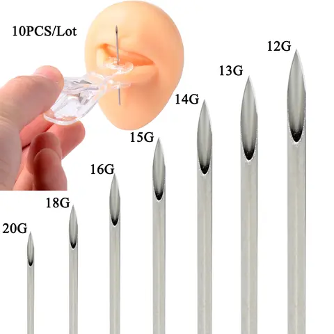 10pcs Surgical Steel Body Piercing Tool Kit Disposable Lip Belly Nose Ear Tragus Piercing Gas Sterilized Tattoo Needles 12-20G
