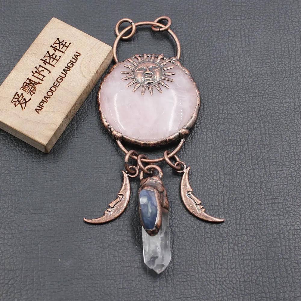 APDGG 1 Pcs 4 Inch Gunmetal Bronze Plated Rose Quartz Sun Moon Clear Quartz Kyanite Pendant Charms For Necklace Jewelry DIY