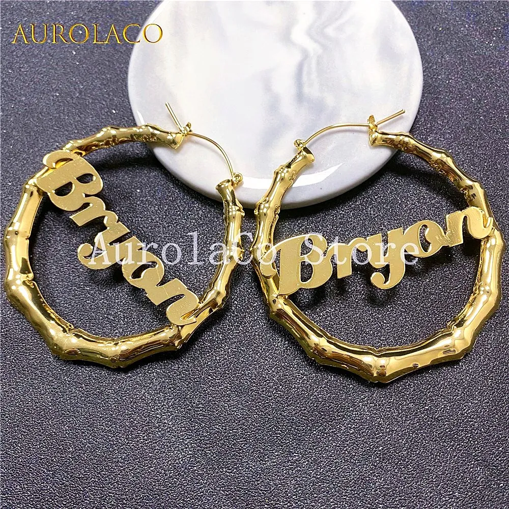 AurolaCo Custom Name Earrings 70mm Custom Bamboo Hoop Earrings Stainless Steel Custom Hip hop Bamboo Earring for Women Gif