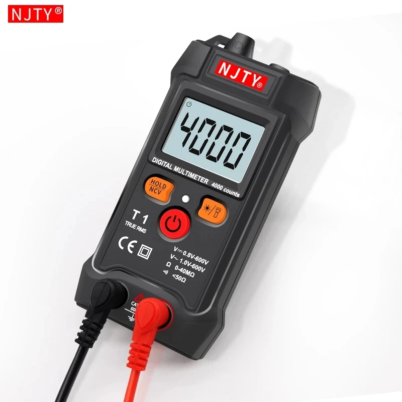NJTY T1 Mini Digital Multimeter 4000 Counts Auto Ranging TRMS AC/DC Voltage resistance NCV with Backlight+flashlight Multi metro
