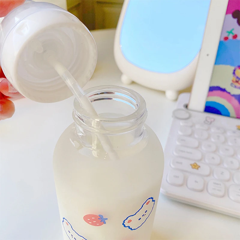 Cute Cartoon Strawberry Bear Glass Pacifier Water Bottle Straw Cup for Adult Children Milk Frosted Bottle Baby Feeding Bottles