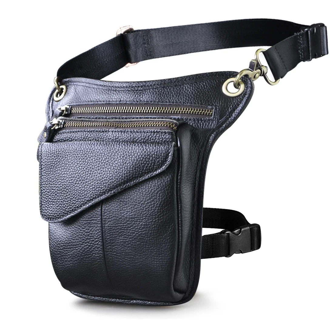 Soft Natural Leather men Retro Black Small Shoulder Messenger Bag Designer Travel Belt Fanny Waist Pack Drop Leg Bag Male 211-3