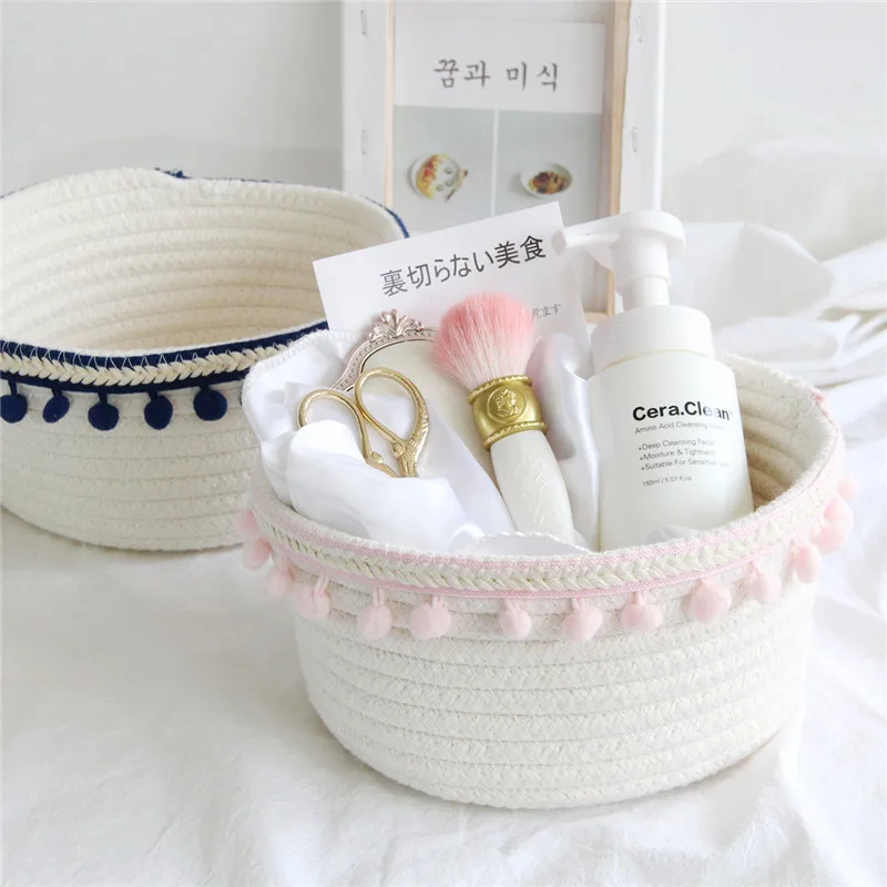 Cotton Rope Handmade Woven Storage Baskets With Pompom Dirty Clothes Laundry Basket Kids Toy Desktop Sundries Organizer Hamper