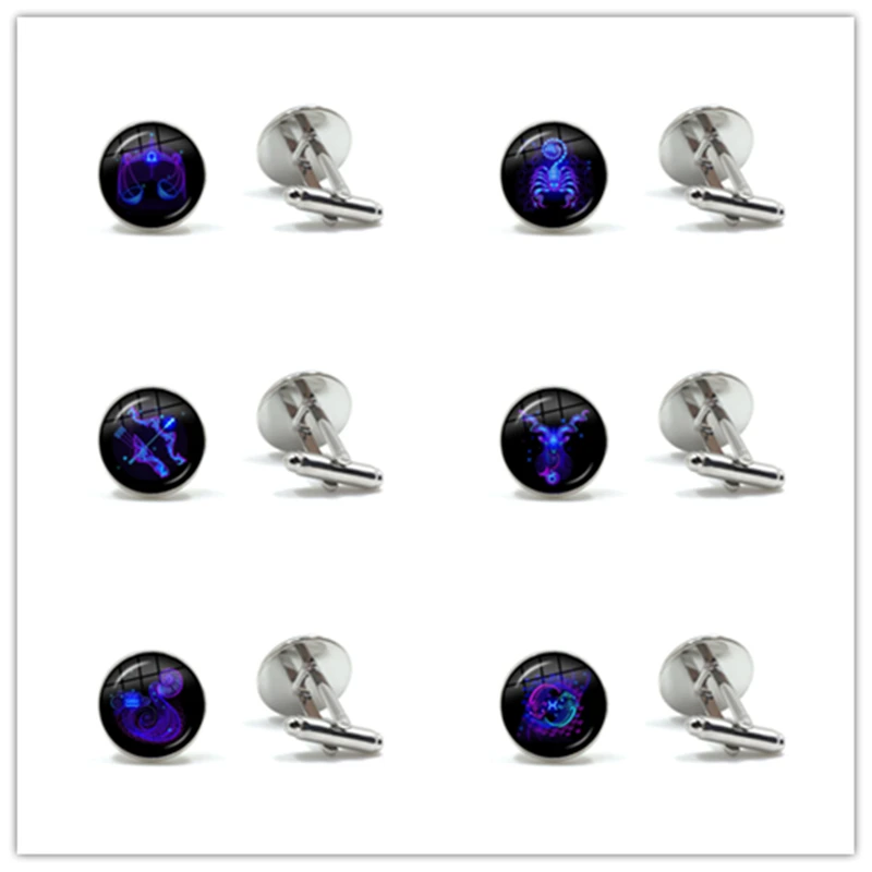 Classic 16mm Glass Cabochon Galaxy Constellation Design 12 Zodiac Sign Horoscope Astrology Cufflinks For Male Gentleman Shirt