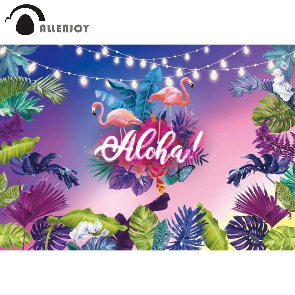 Allenjoy Aloha Holiday Summer Birthday Party Background Lights Night Flamingo Tropical Leaves Butterfly Photography Backdrop