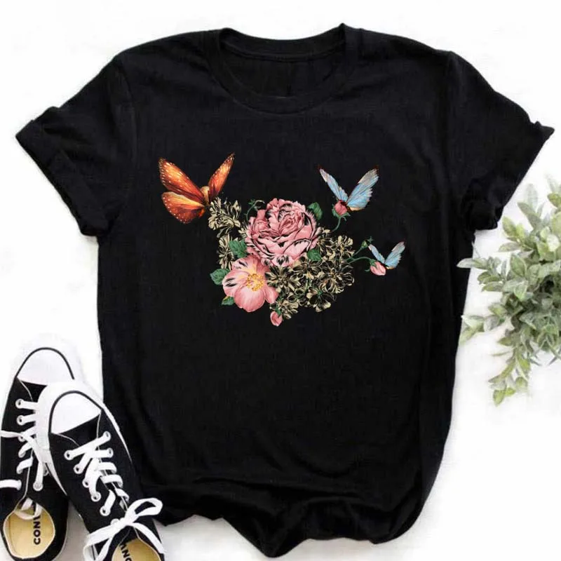 Maycaur Women T Shirt Cute Butterfly Flower Cartoon Graphic Fashion T Shirts Short Sleeve Black Top Tees Korean Tshirt Drop Ship