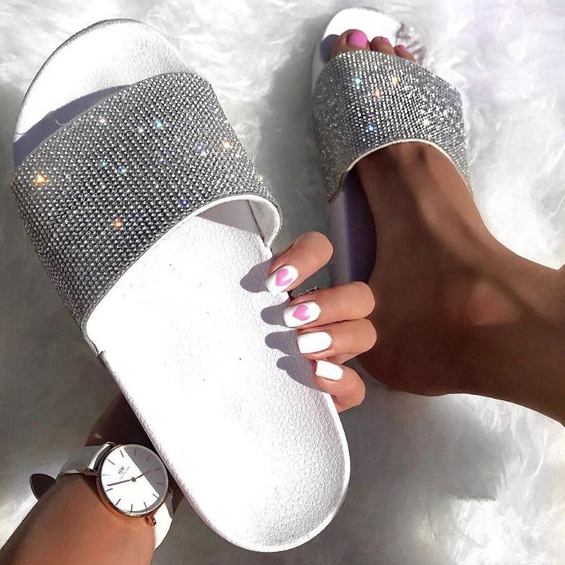 Rhinestone  Bling Beach Slides Women Slippers Flip Flops Summer Casual Shoes Crystal DiamondSandals Slip On Flat Footwear