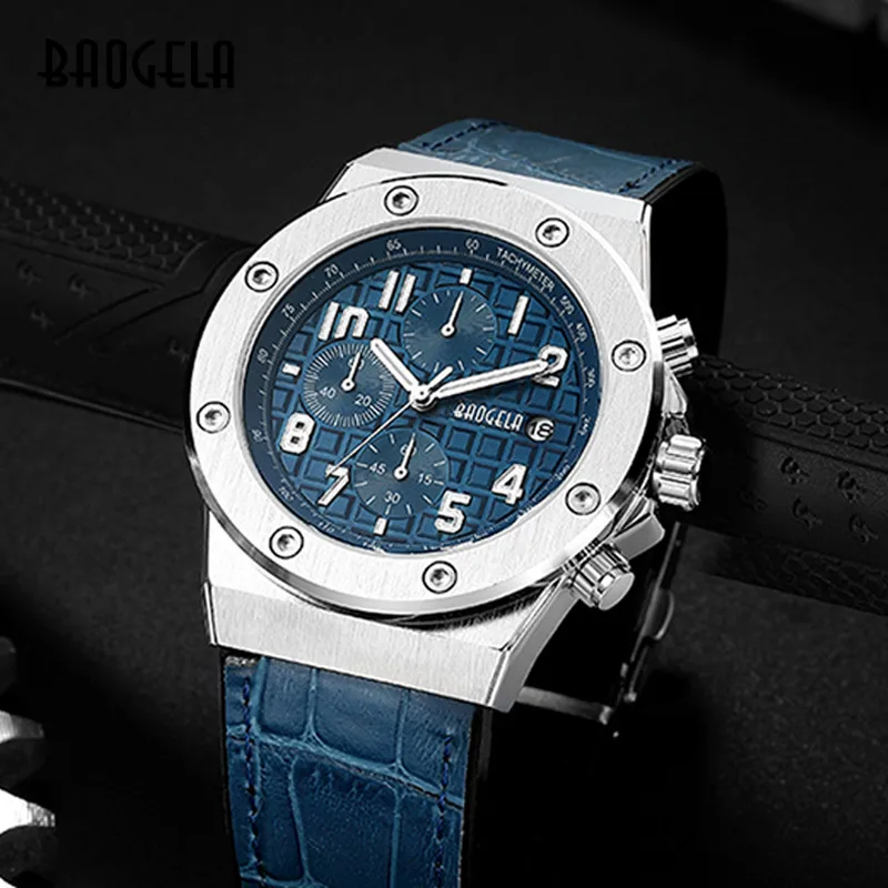 BAOGELA New Quartz Waterproof 3TM Noctilucent Watch Bright Casual Chronograph Leather Band Relogios Men\'s Reloj Hombre 1805 Blue