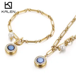 Kalen Zircon Delicate Christmas Gift Necklaces & Bracelets Set Bohemian Pearl Beads Charm Chunky Links Chain for Women Jewelry