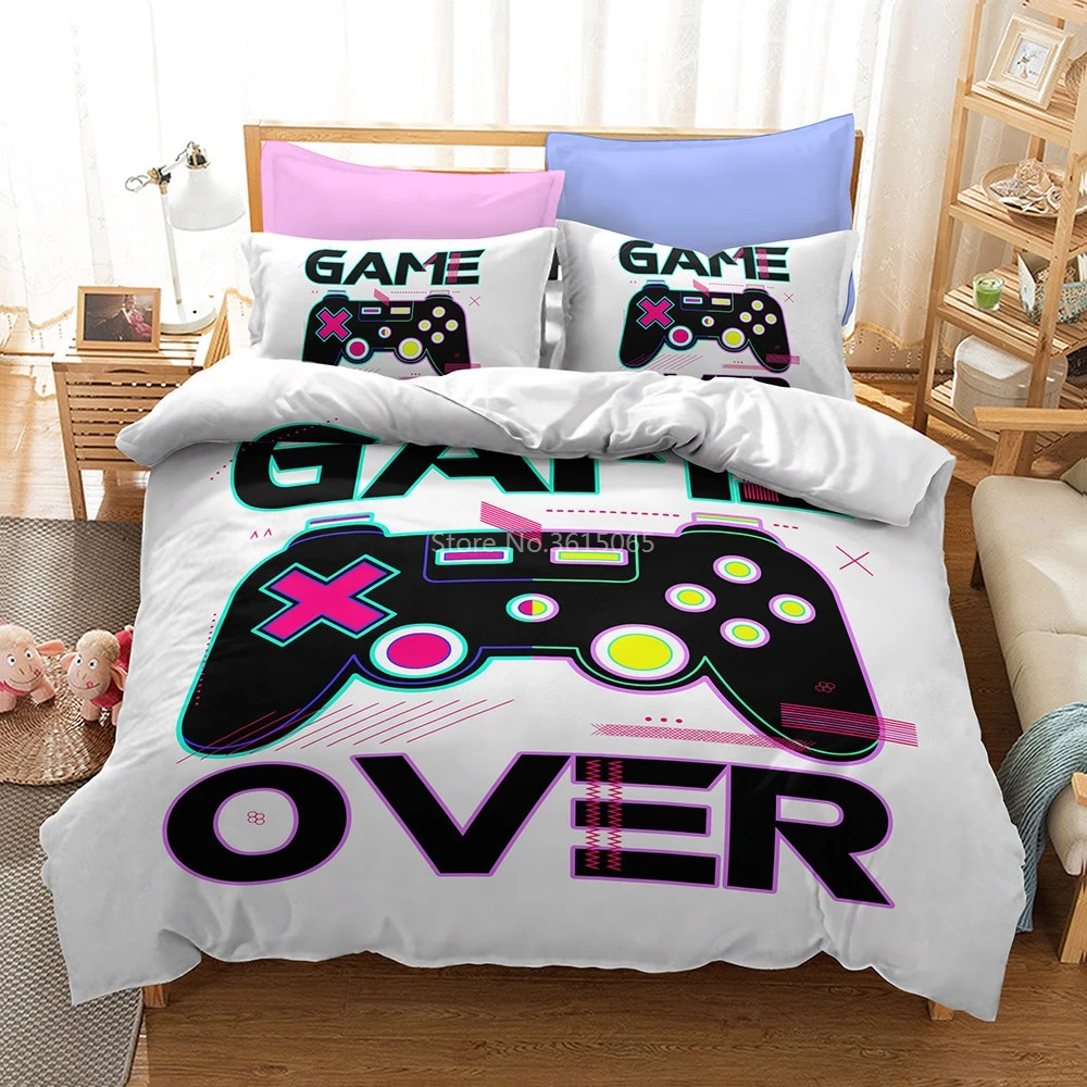 White Gamer Gamepad Pattern Bedding Sets Bed Linen Bedclothes Adult Kid Cartoon Duvet Cover Pillowcase Twin Full Queen King Size