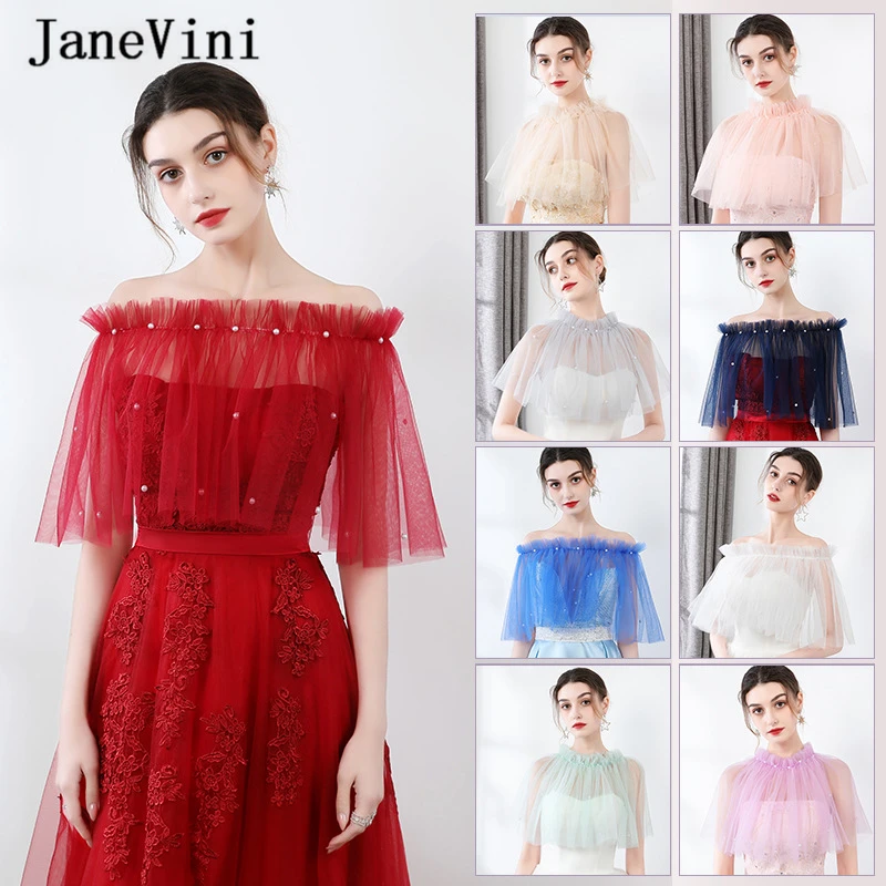 JaneVini 2020 Elegant Red Tulle Bridal Bolero Mujer Off the Shoulder Beaded Summer Wedding Shawls Wraps Short Women Cape Cloak