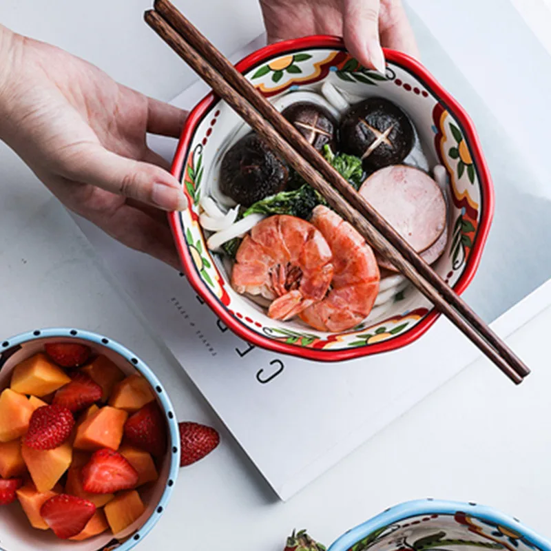 

Bohemian Ceramic Ramen Bowl Embossed Hand-Painted Tableware American Country Salad Bowl Fruit Household Kitchen Tableware