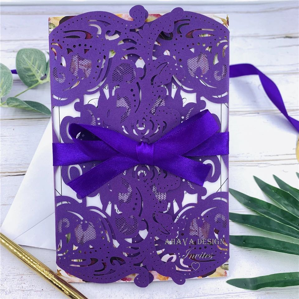 

Unique And Gorgeous Purple Invitation With Rose Laser Cut Wrap And Ribbon