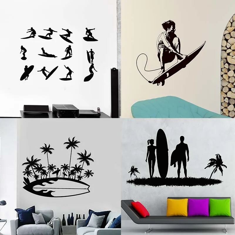 

Van Hippie Car Bus Poster Surfing Skeleton Skull Surfboard Vinyl Stickers Palm Ocean Beach Wall Decal Extreme Water Sports Mural