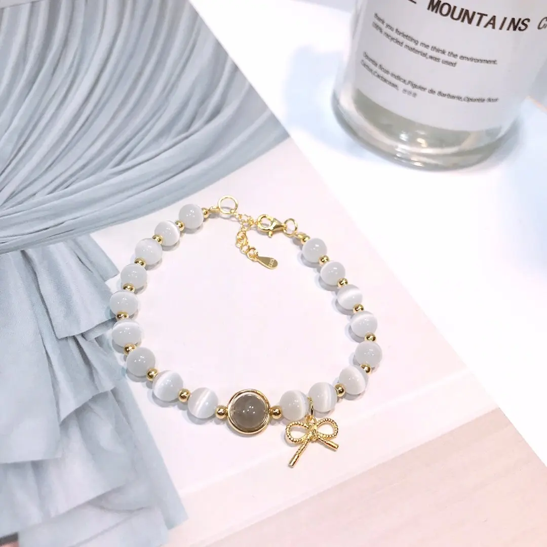 

Original 925 Sterling Silver Maiden Golden Charm Bracelet Bow Rosette Fine Jewelry Women Chain Precious Opal Embrace Moonstone