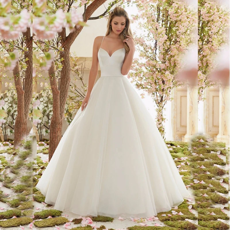 Lace Sling Wedding Dresses Long Sweet Elegant Bride Sexy Floor Length Simple Open Back Wedding Dresses