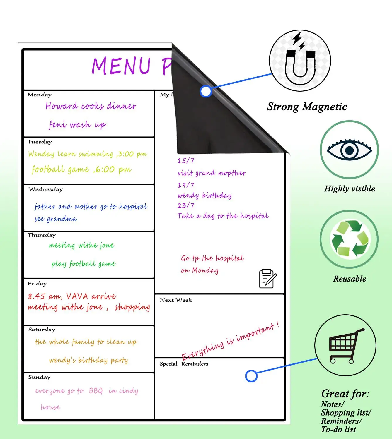 Magnetica Lavagna Dry Erase Planner Settimanale Bordo Per Frigoriferi Magnetico Secco Cancellare Calendario Con 3 Marcatori