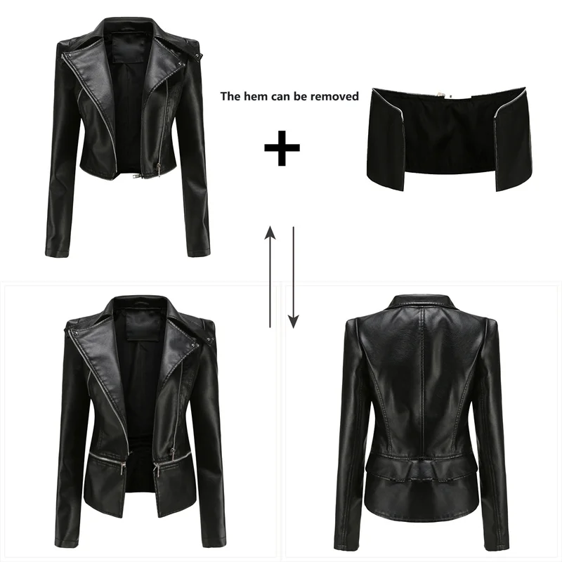 2024 Autumn Women Black Faux Leather Jacket, Casual Zipper Decoration Biker Coat Female Casual Solid Short Outwear S-3XL