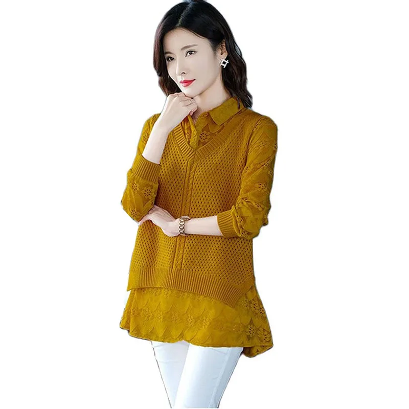 Ladies Sweater Spring Autumn Women's Jacket Fake Two-Piece Shirt Collar Lace Sleeves Blouse Female Knitted Bottoming Shirt