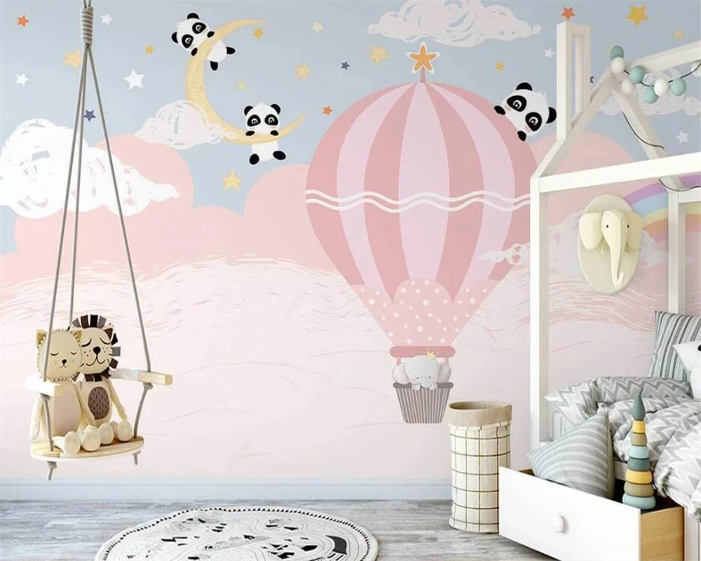 

beibehang Customize new nordic hand-painted pink hot air balloon animal children's room background wall paper 3d wallpaper