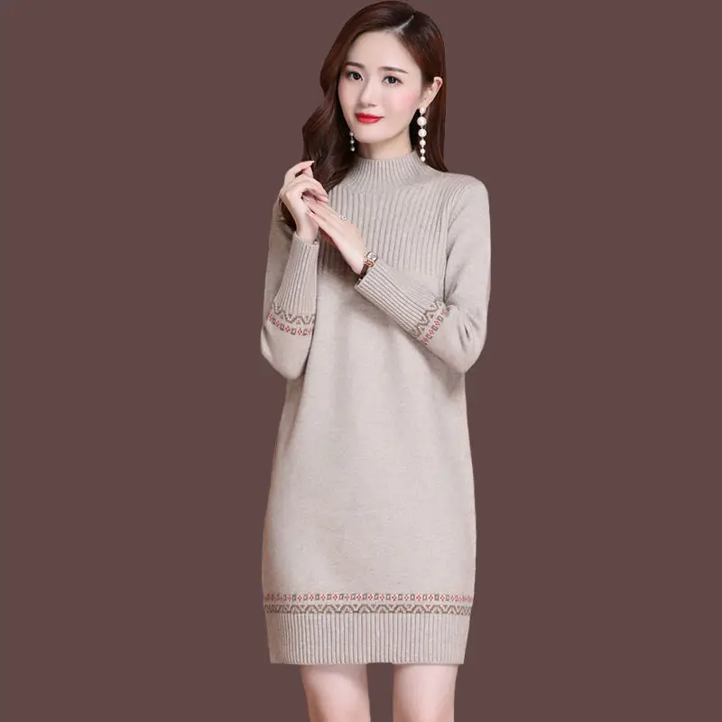 Fdfklak Warm Woolen Sweater Dress Women\'s Fall/Winter Long Sweater Thicken Half High Neck Knitted Bottoming Shirt Pull Femme