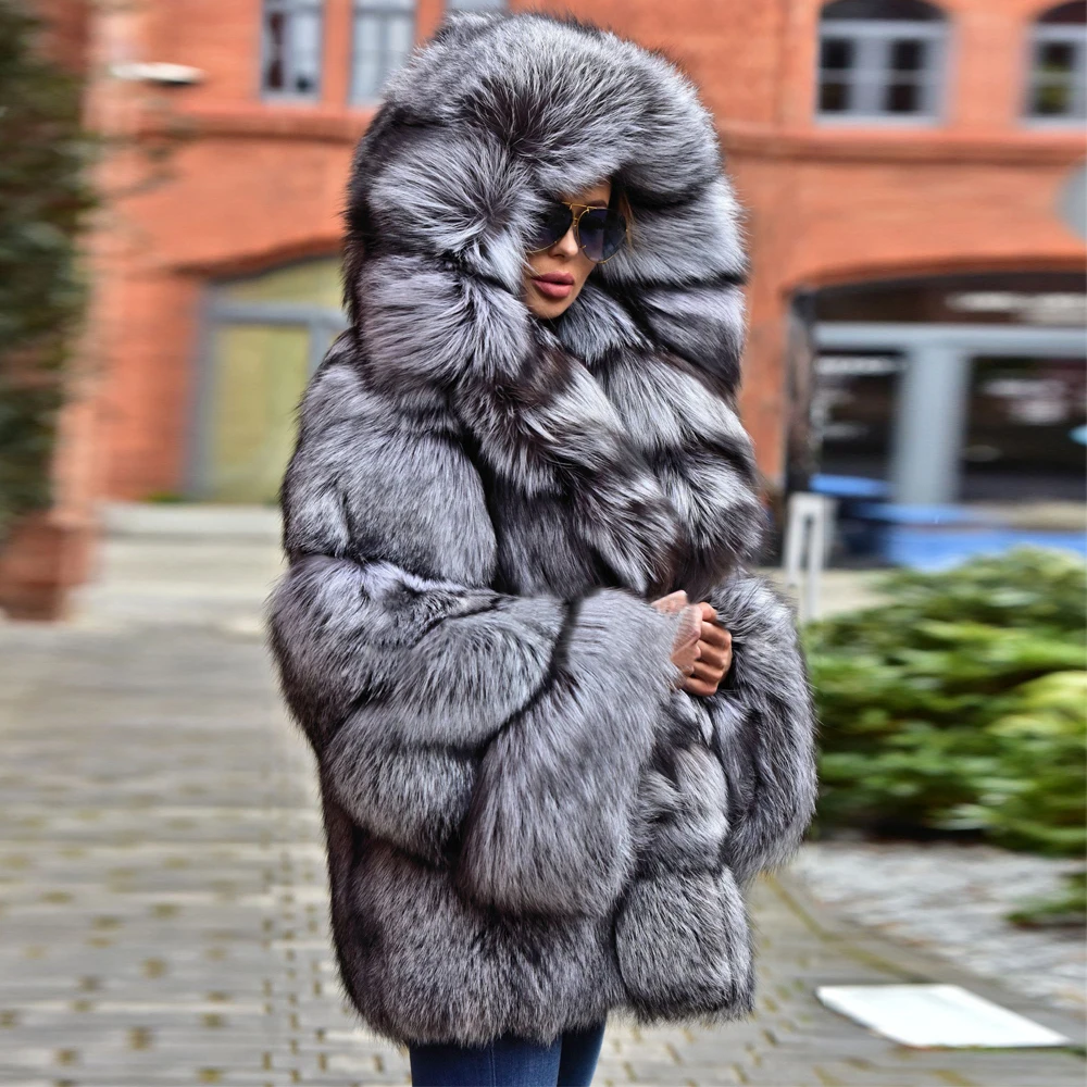 Winter Fashion Real Silver Fox Fur Jacket Medium Length Whole Skin Genuine Silver Fox Fur Coat with Big Hood Warm Fur Overcoats