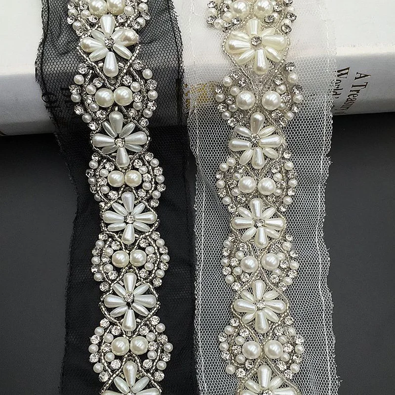 1Yard 5.5 centimetri bianco/nero perla in rilievo lace trim da sposa sash Cintura Da Sposa perline Passamanerie gioielli Trim