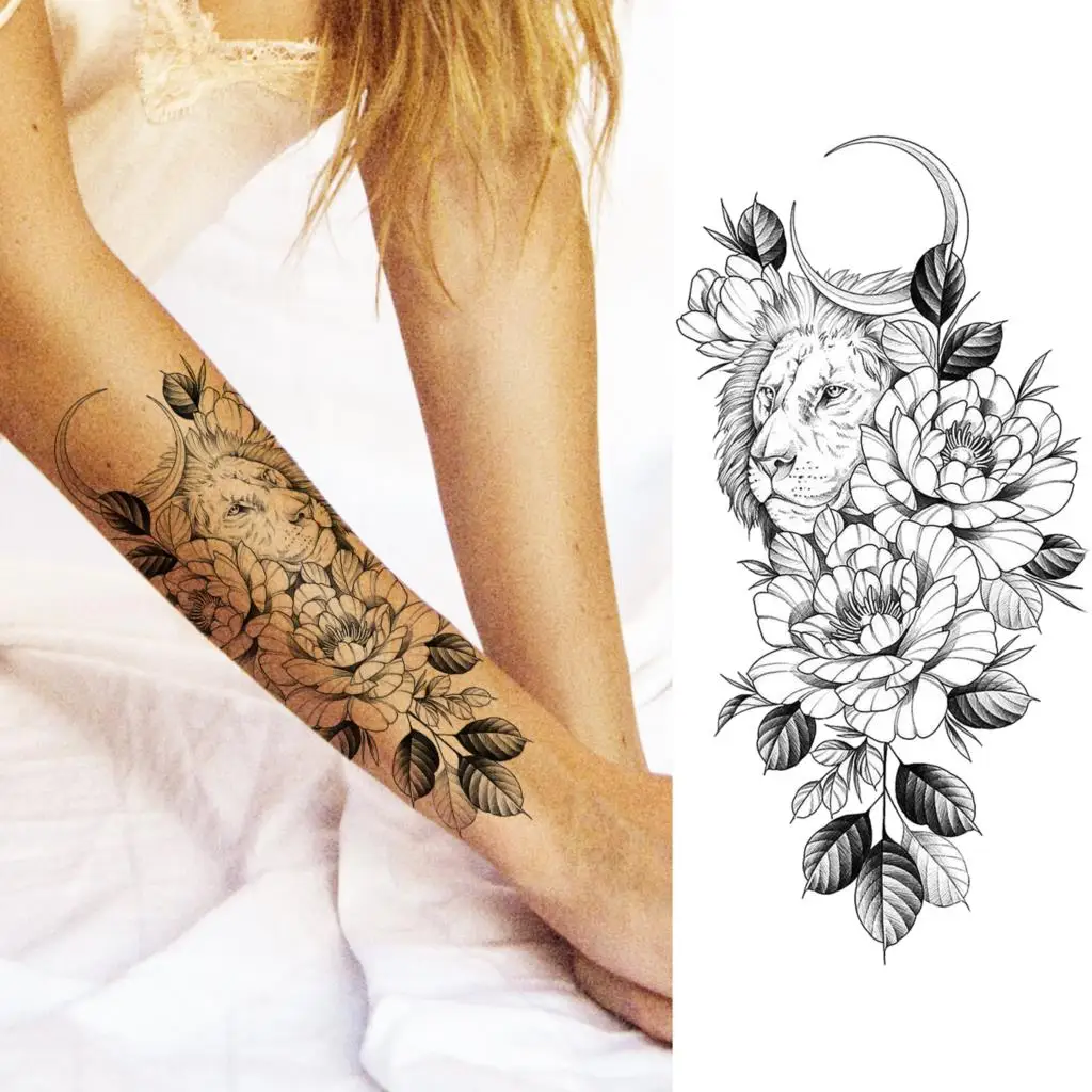 Black Peony Flower Sexy Boobs Temporary Tattoos For Women Adult Girl Rose Lion Moon Fake Tattoo Realistic Body Art Tatoos Paper