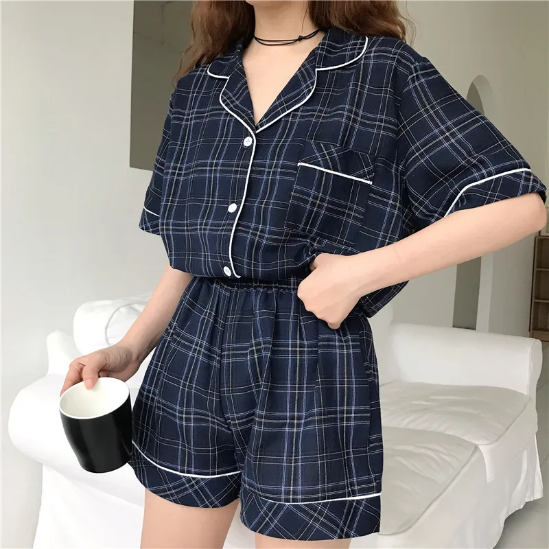 

Women Fashion Summer 2 Pieces Plaid Pajamas Set Sleepwear Short Sleeve Shirt+Shorts Vintage Leisure Wear Pocket Pijamas