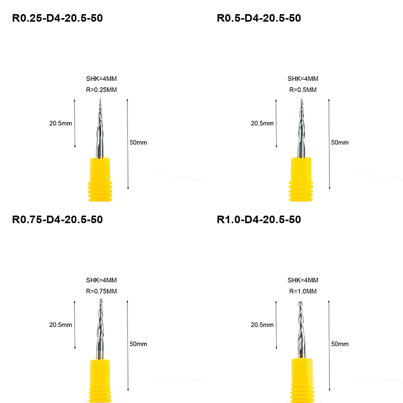 3pcs 4mm Schacht R0.25/R0.5/R0.75/R1.0 Tapered Kogelfrees CNC Router graveren Bit Hout Metaal Multiplex Frees