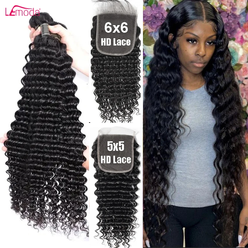 

30 Inch Deep Wave Bundles With Closure 4x4 5x5 6x6 HD Lace Frontal With Bundles Curly Peruvian Lemoda Remy Human Hair Extension