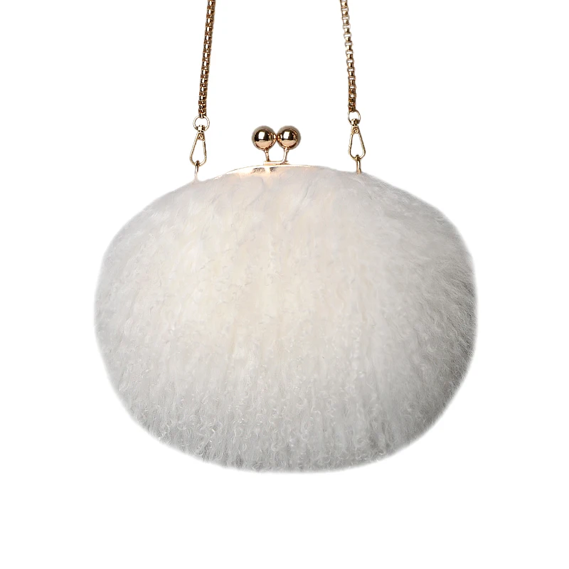 Real Monglian Fur Shoulder Bag Winter Beach Wool New Women Warm Handmade Fluffy Message Bags Casual Metal Chain