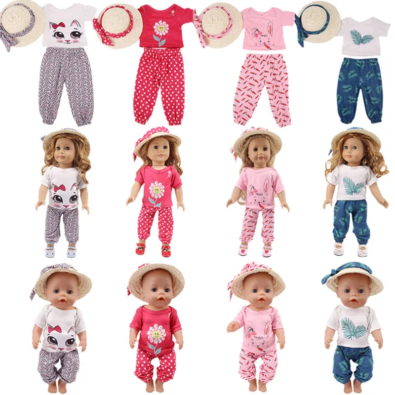 Doll Clothes Kitten Rabbit Mermaid 4Pcs=Silk Scarf+Straw Hat+T-shirt+Leisure Trousers For 18 Inch American&43 Cm Born Doll Girl