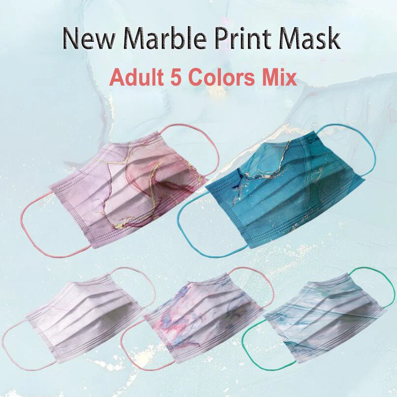 50Pcs Mix Adult Pink New Printed Cartoon Women Man Blue Mouth Masks Marble Printed Couples Face Mask Three Layer Fabric