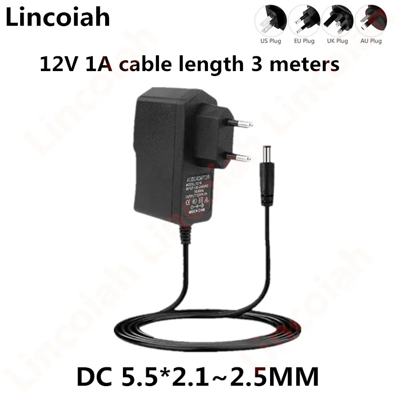 3m cable 3 meter line AC 100-240V DC 12V 1A 1000ma AC/DC Adapter 12 V Volt Charger Power Supply For LED strip CCTV Camera