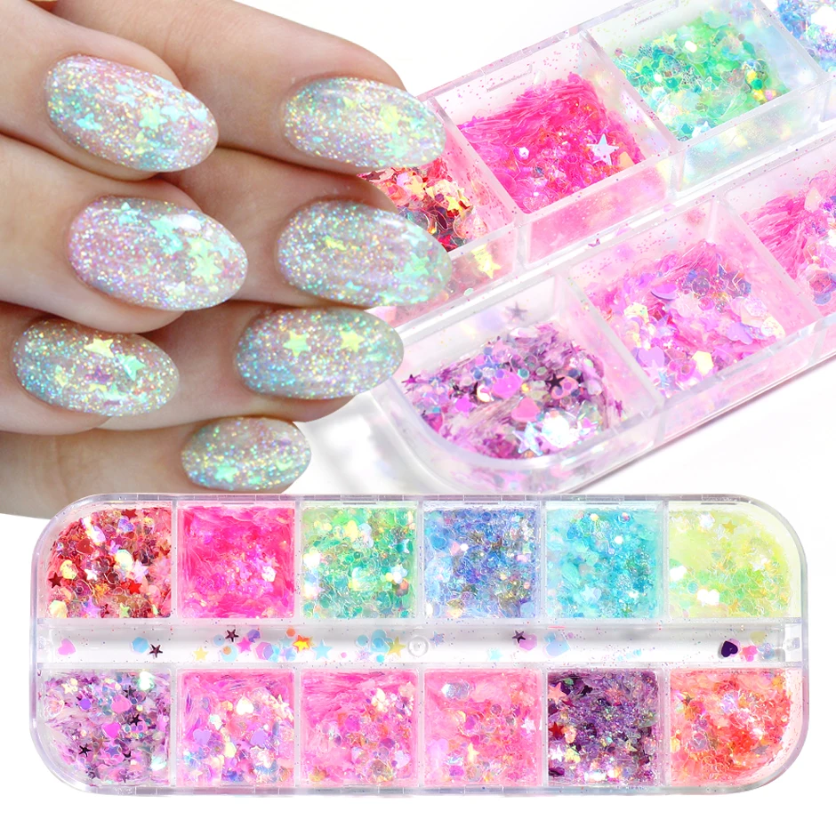 Sparkle Aurora Holographics Glitter Flakes Nail Decoration Iridescent Star Heart Design Sticker Colorful Sequin Manicure FBJX04