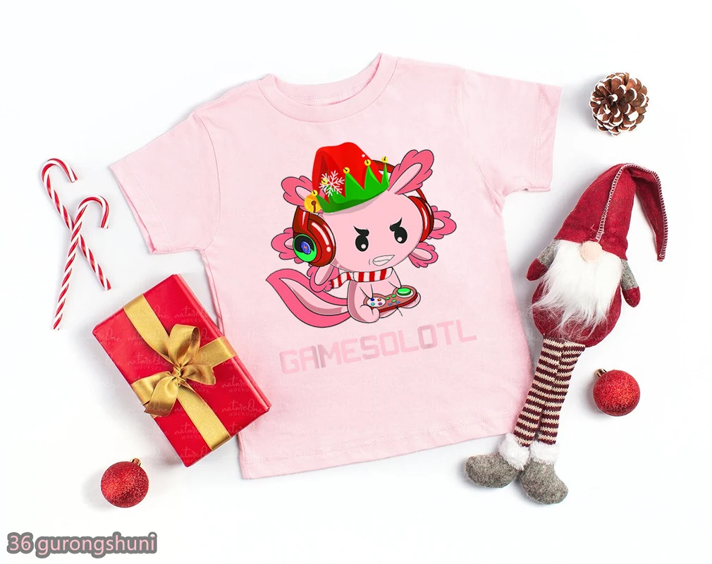 

Axolotl Play Games Cartoon Print Pink T-Shirt Girls Merry Christmas Gift Kids Clothes Funny Harajuku Kawaii Children'S Clothing