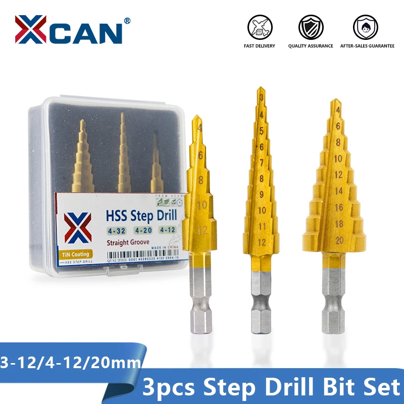 XCAN Step Drill Bit 3PCS 3-12 4-12/20 Titanium Coating HSS Drill Bit for Wood Metal Hole Cutting Hex Shank Cone Drill