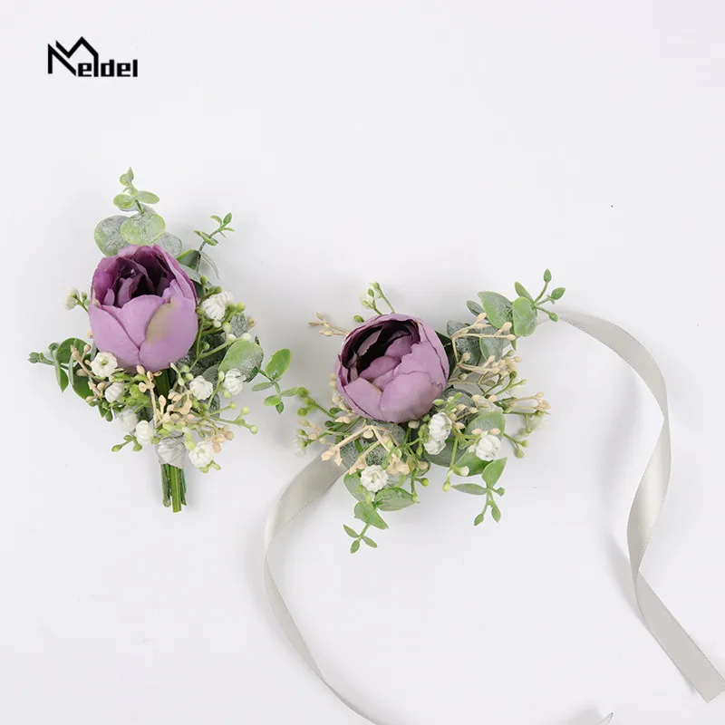 แต่งงาน Boutonniere และนาฬิกาข้อมือดอกไม้สำหรับเจ้าสาวเจ้าบ่าว Boutonniere สำหรับ Mariage พรหมสีม่วง Rose นาฬิกาข้อมือสตรีมือดอกไม้