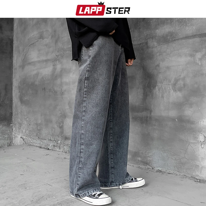 LAPPSTER Men Korean Streetwear Wide Legs Baggy Jeans 2023 Mens Autumn Harajuku Vintage Blue Denim Pants Male Casual Cargo Pants