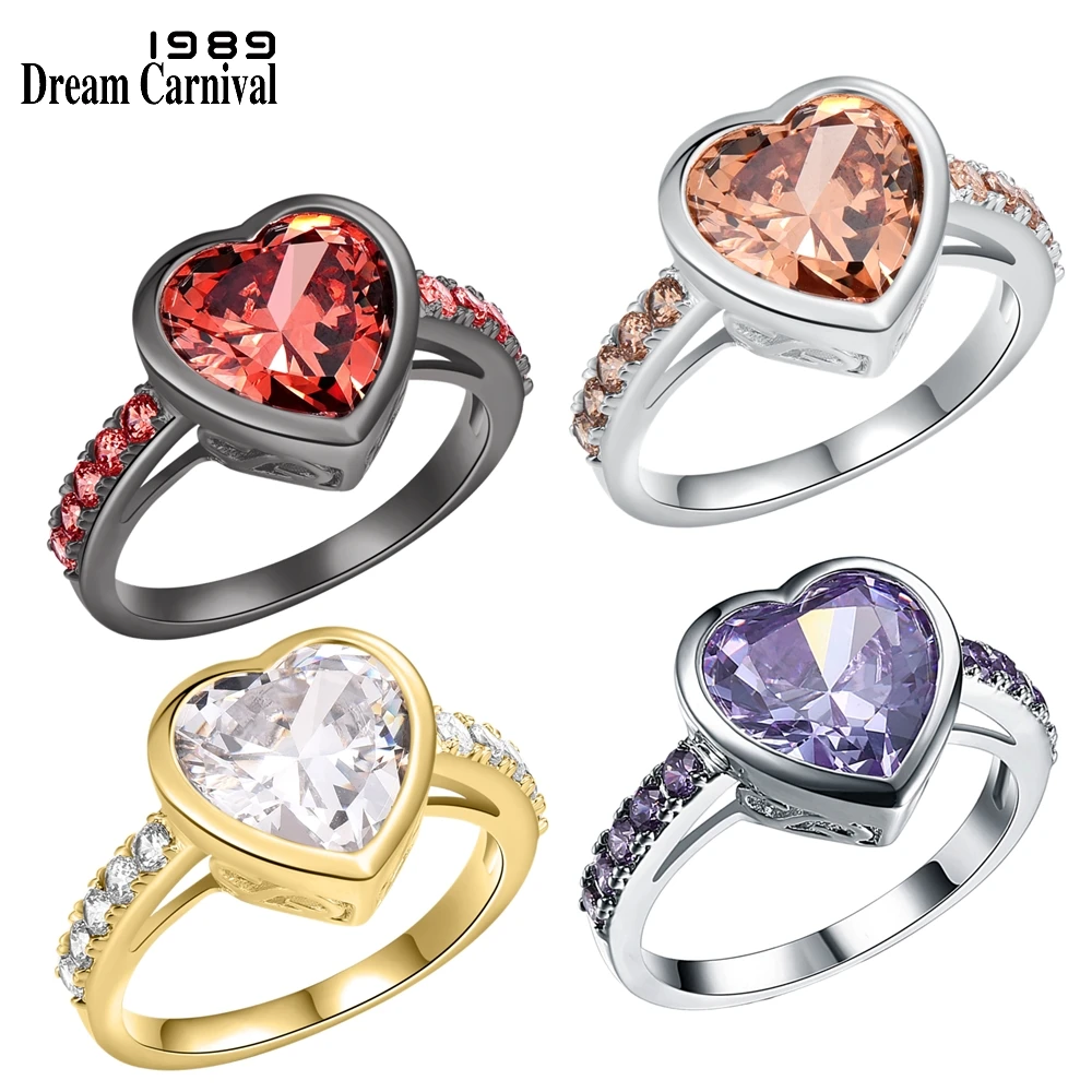 DreamCarnival 1989 Women Lover Heart Zircon Solitaire Rings 4 Colors 11mm Wedding Engagement Party Jewelry Amazing Price WA11316