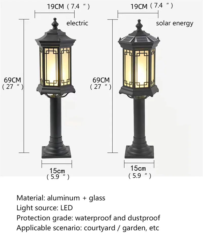 DLMH Black Lawn Lamp Outdoor Retro LED Lighting Waterproof Classical for Home Villa Path Garden Solar